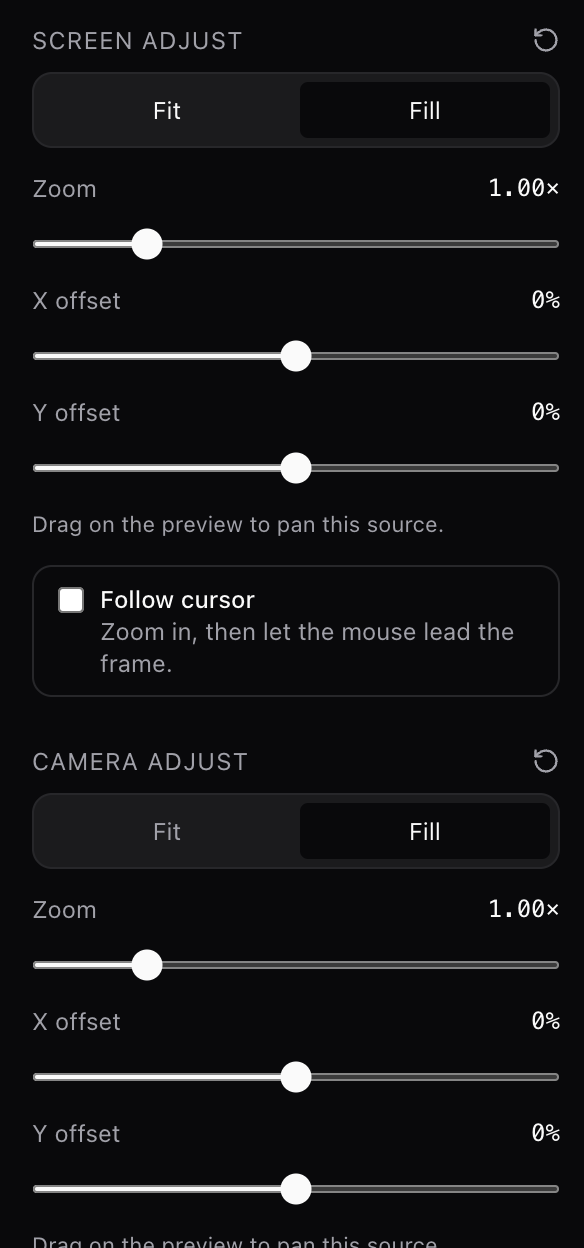 Zoom, offset, and cursor-follow controls