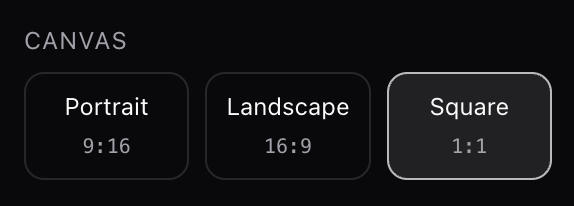 Canvas aspect ratio picker: portrait 9:16, landscape 16:9, square 1:1