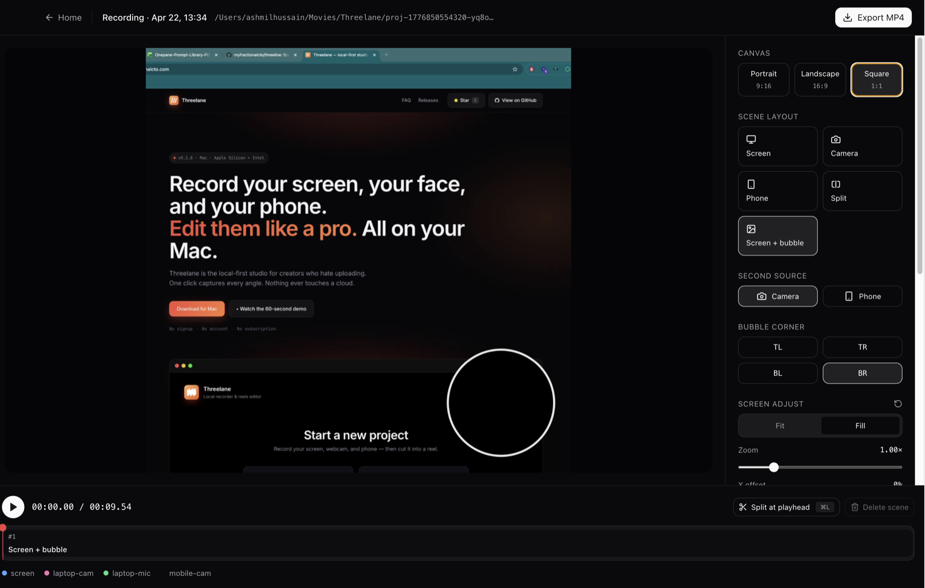 Threelane editor with multi-track timeline, live preview and per-scene layout controls
