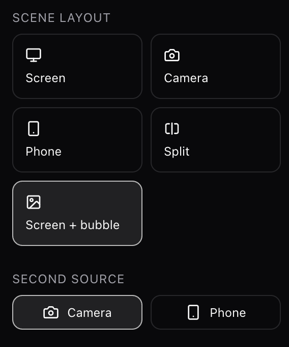 Scene layout picker: screen, camera, phone, split, screen+bubble