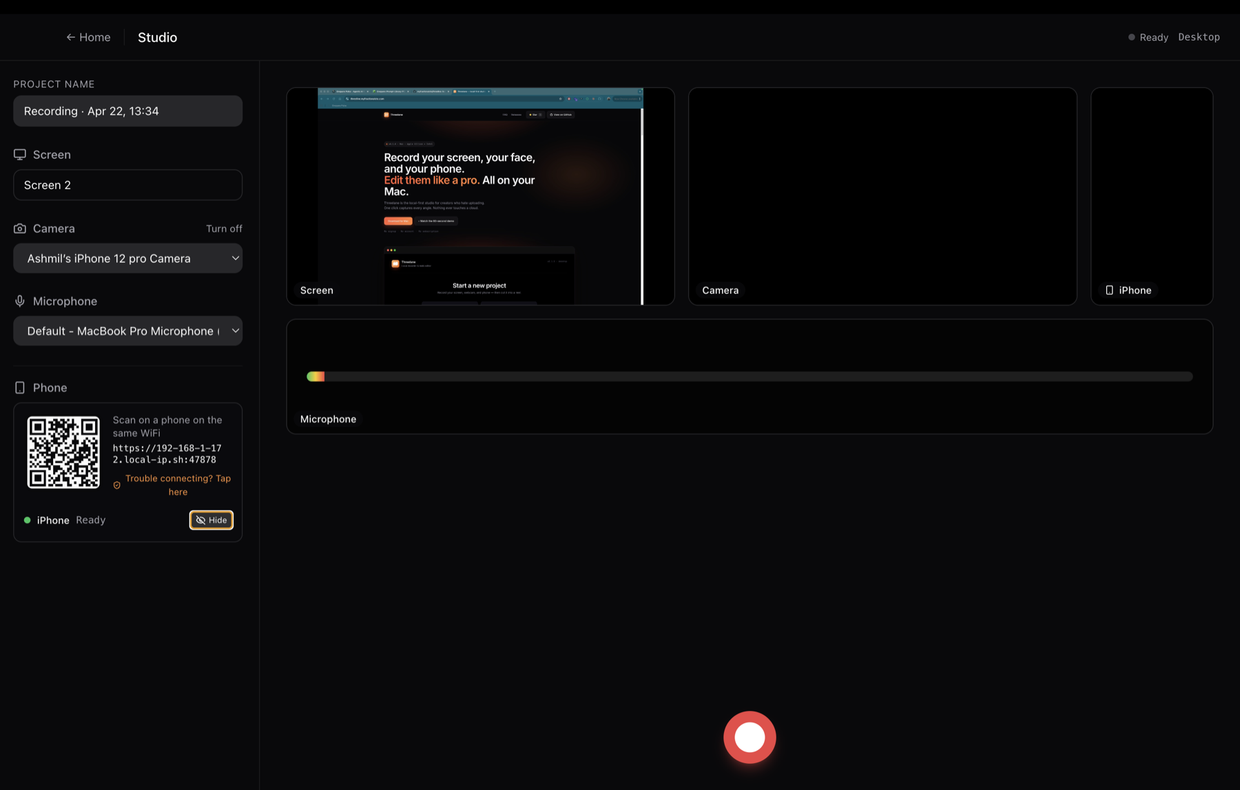 Threelane studio: pair your phone via QR code, see all inputs live